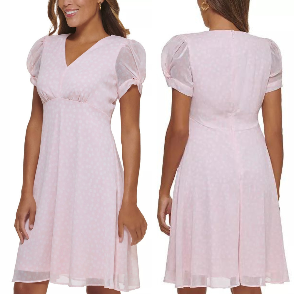 CALVIN KLEIN PUFFED-SLEEVE‎ CHIFFON A-LINE POLKA DOT DRESS IN PINK NWT WOMEN'S 6